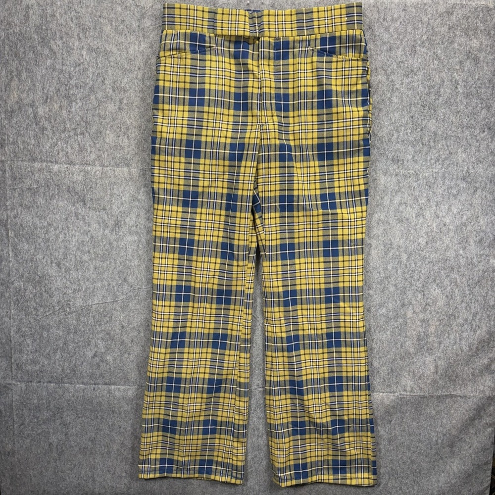 True Vintage Tartan Plaid Flare Leg Pants Mens 34x33 Rayon Yellow Blue 70s Disc0